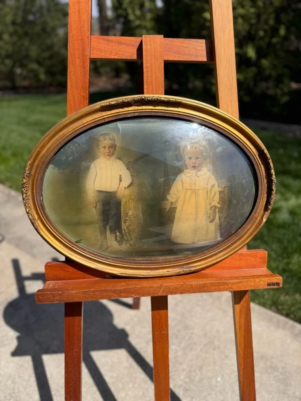 Antique Convex Bubble Glass Double Child Portrait Oval Frame Noel 1923